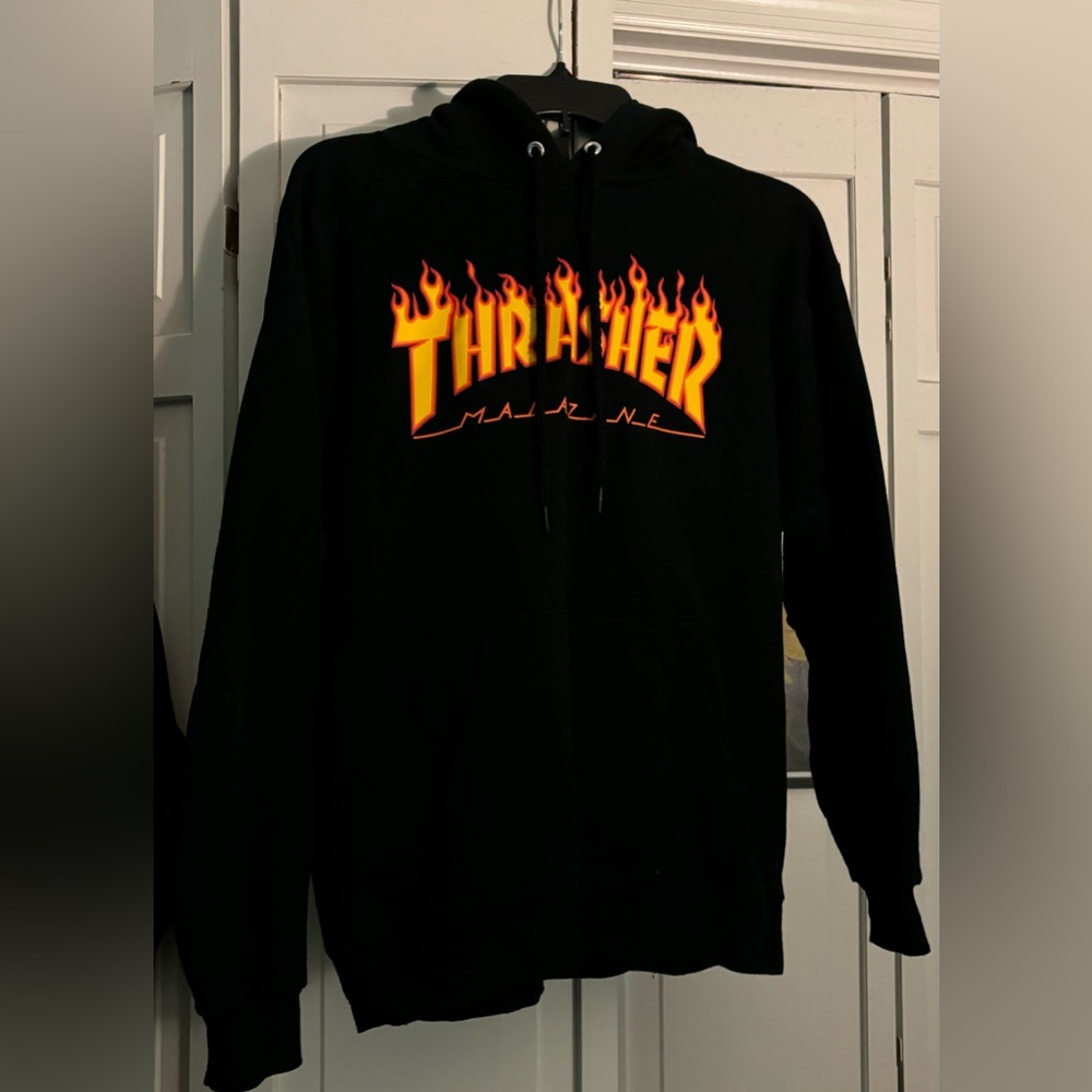 Unisex black flames thrasher hoodie, size small